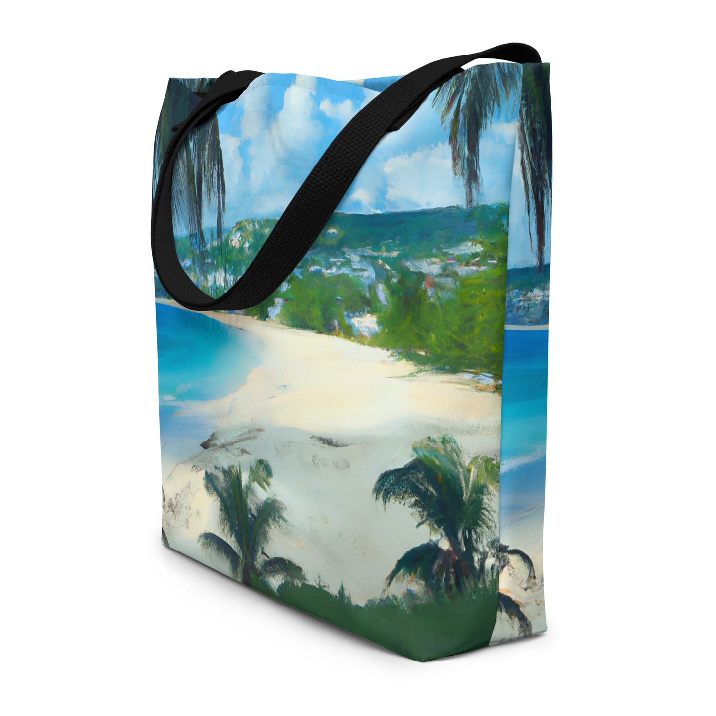 Extra Large Tote Bag With Pocket - Tropical Beach With Palm Trees