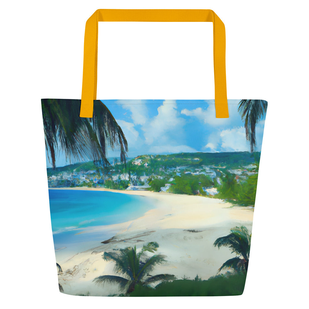 Extra Large Tote Bag With Pocket - Tropical Beach With Palm Trees