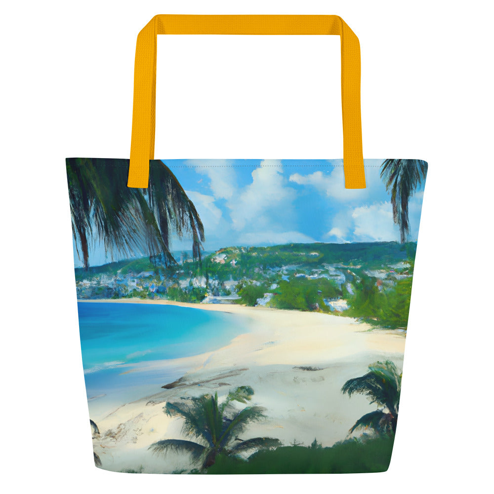 Extra Large Tote Bag With Pocket - Tropical Beach With Palm Trees