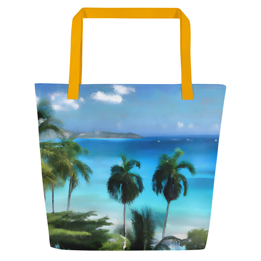 Extra Large Tote Bag With Pocket - Caribbean Beach And Palms