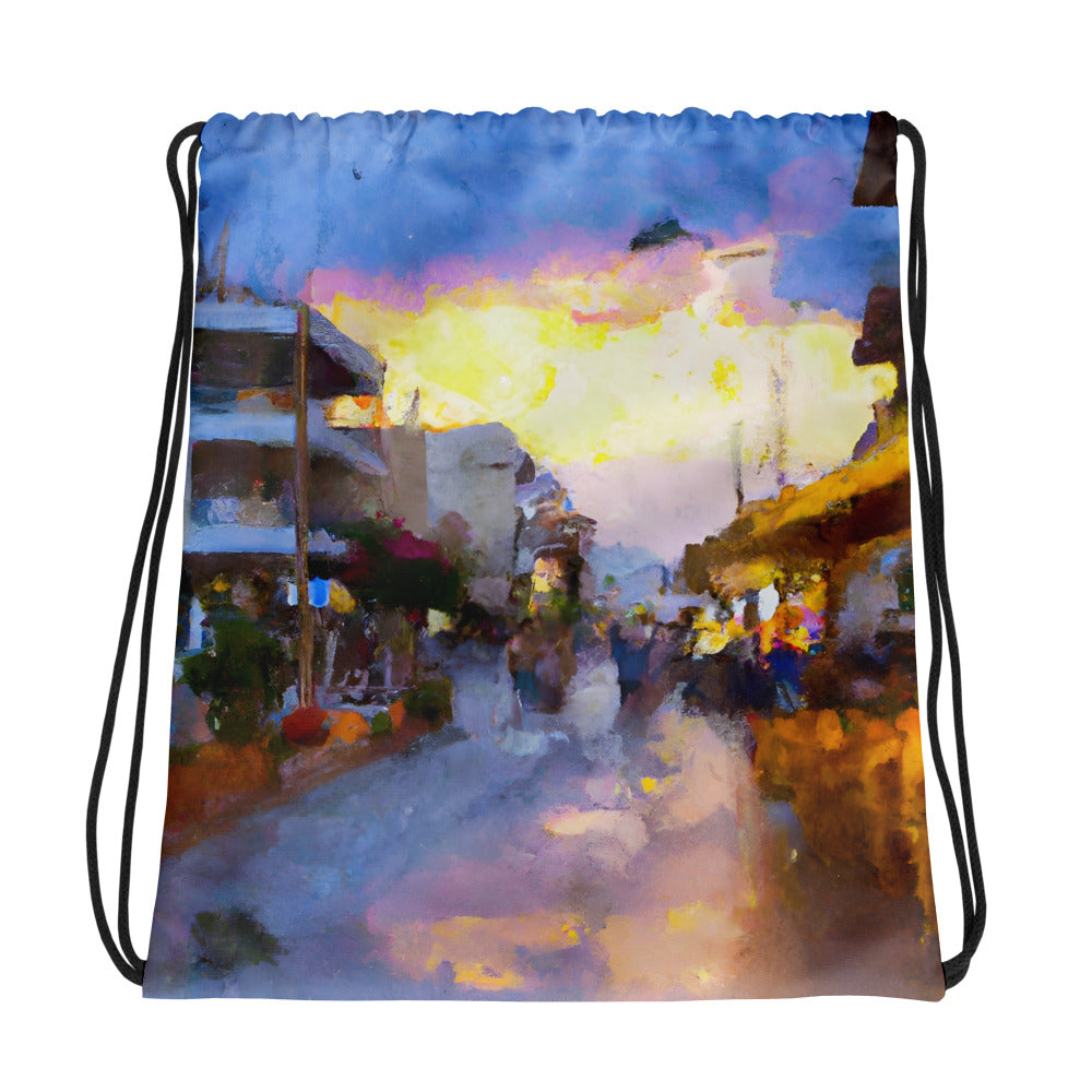 Drawstring Bag - Holiday Resort Street Scene Sunset