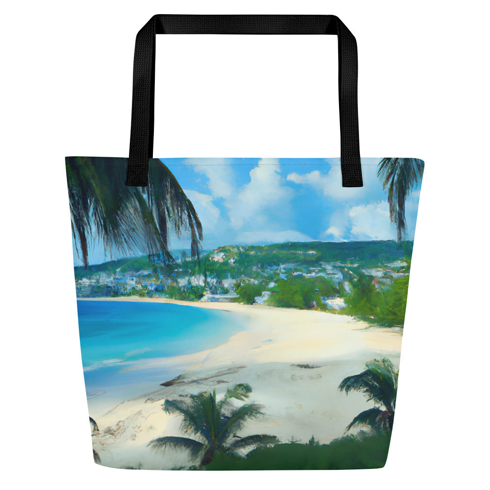 Extra Large Tote Bag With Pocket - Tropical Beach With Palm Trees