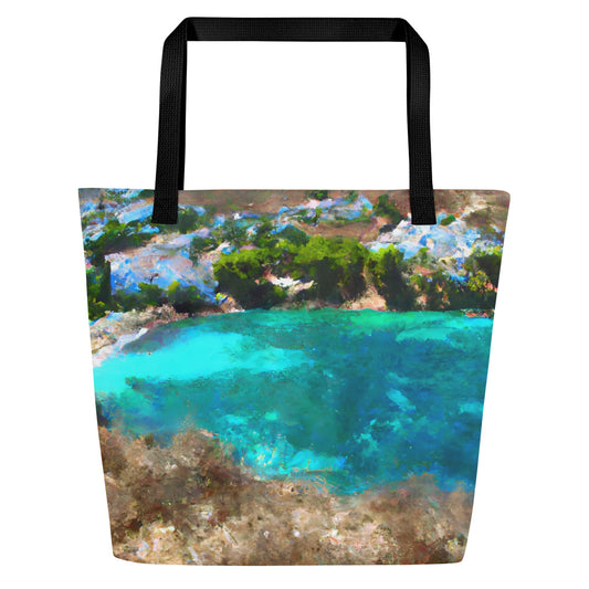 Extra Large Tote Bag With Pocket - Mediterranean Cove