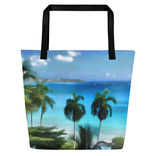 Extra Large Tote Bag With Pocket - Caribbean Beach And Palms