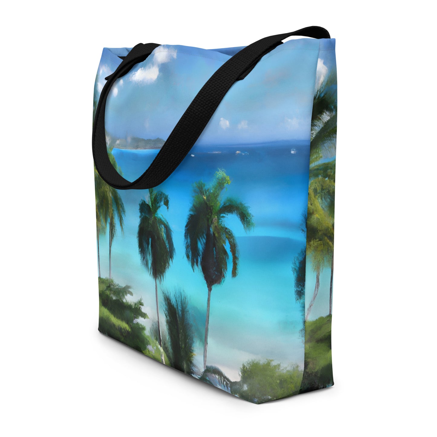 Extra Large Tote Bag With Pocket - Caribbean Beach And Palms