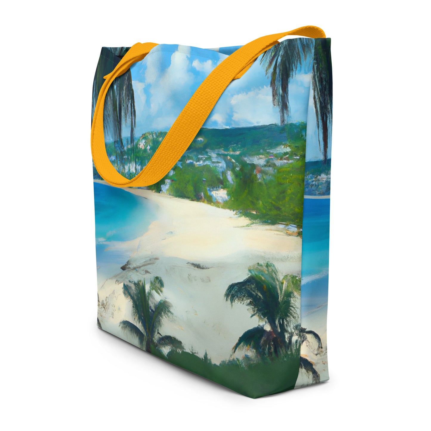 Extra Large Tote Bag With Pocket - Tropical Beach With Palm Trees